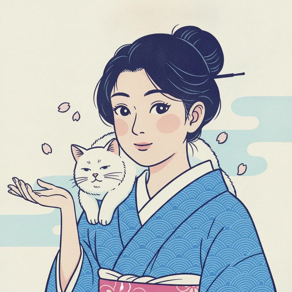 Aoi, a woman in an indigo kimono, raising an open hand to explain, with Mochi the white cat perched on her shoulder