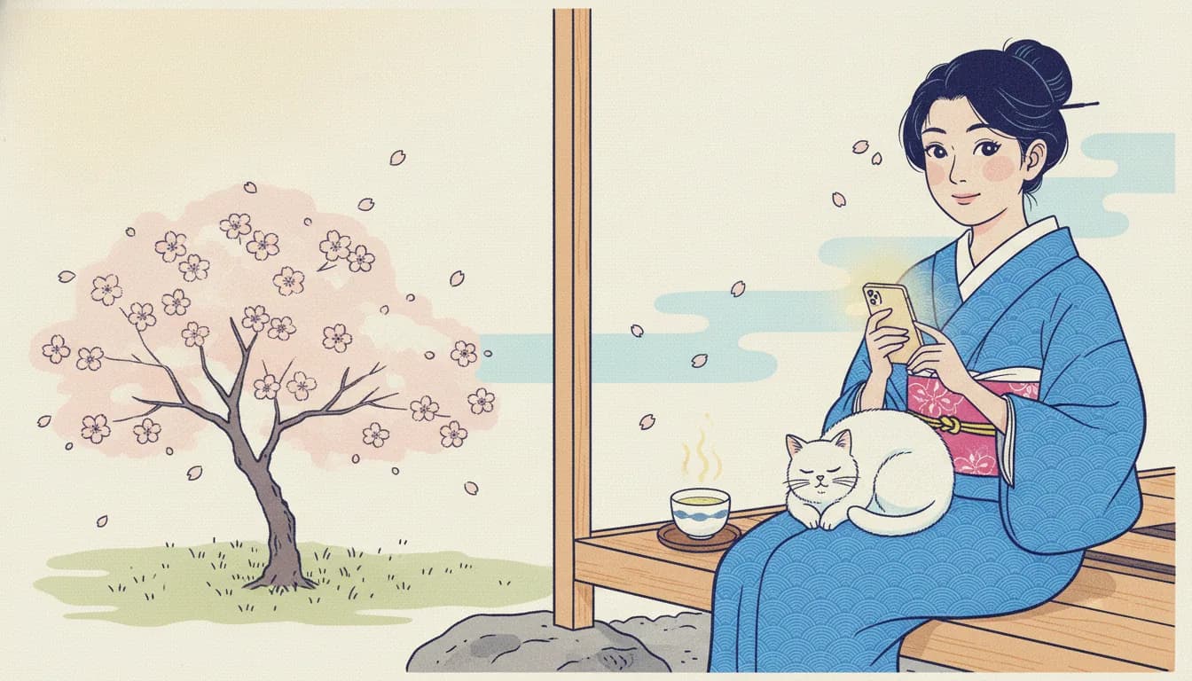 Ukiyo-e style illustration: Aoi, a woman in an indigo kimono, studies on her phone on an engawa veranda under a cherry tree, a white cat asleep on her lap