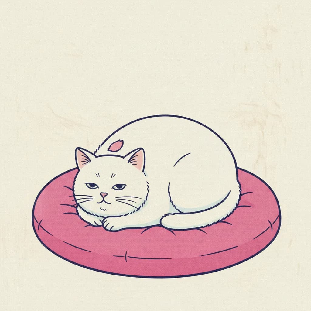 Mochi, a round white cat with a deadpan expression, curled on a pink cushion