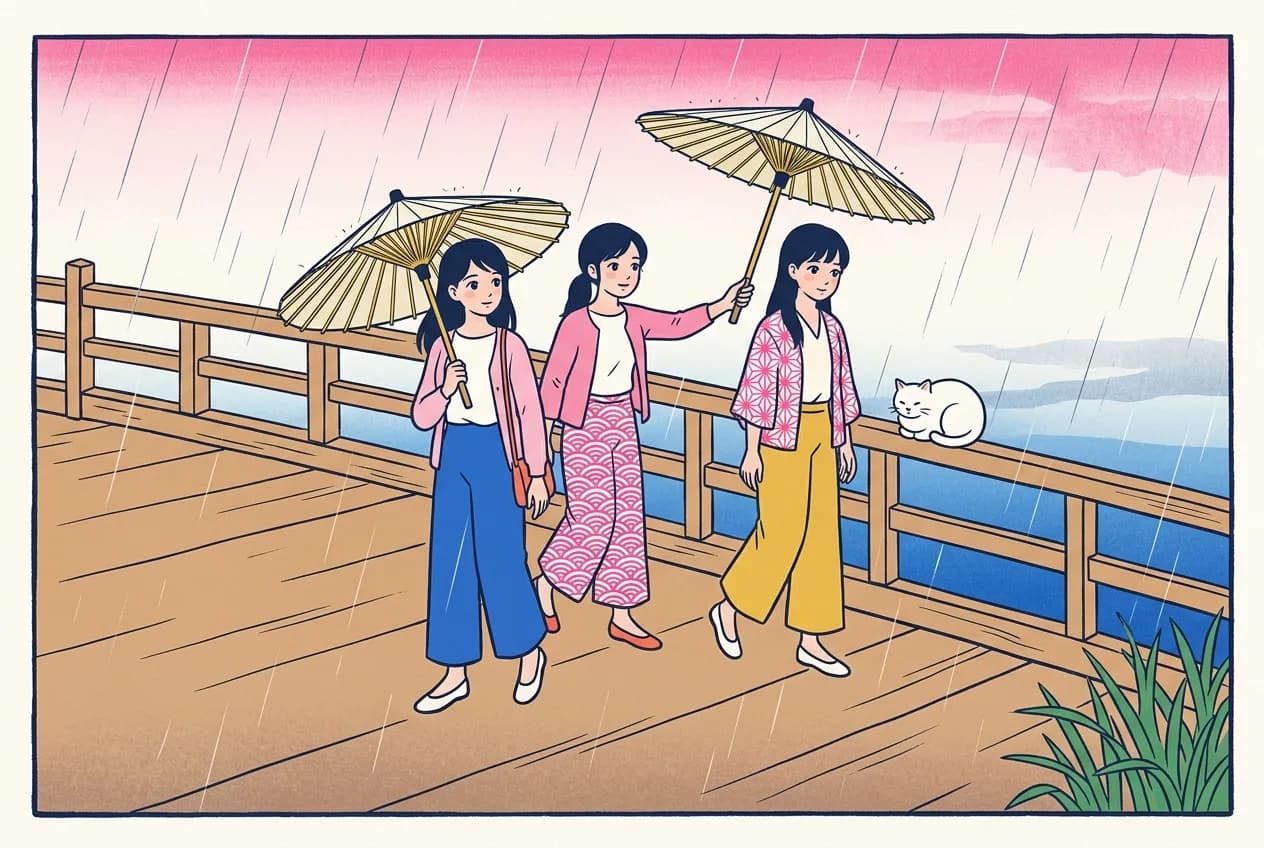 Ukiyo-e style illustration of three women crossing a plain wooden bridge in the rain, one holding her own paper umbrella while another holds a second umbrella over the woman ahead of her, with a round white cat curled on the railing