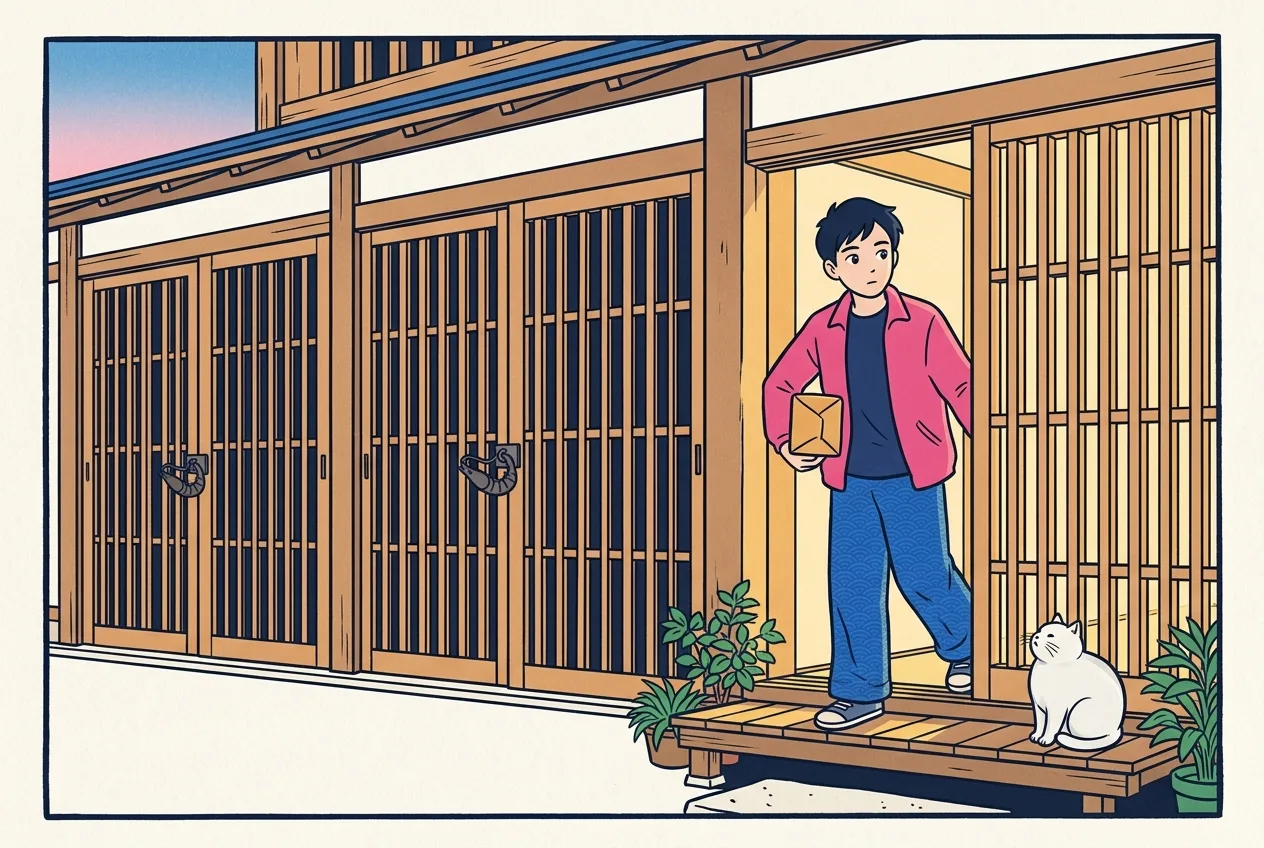 Ukiyo-e style illustration of a merchant townhouse wall with three wooden lattice sliding doors: two locked with curved Japanese barrel locks, one open with warm light spilling out as a young man steps through glancing back, and a round white cat settled on the step