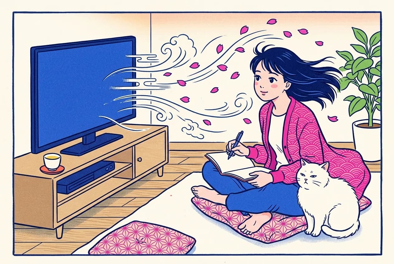 Ukiyo-e style illustration of a woman with a blank notebook sitting in a dramatic wind that blows out of a television screen, a white cat beside her