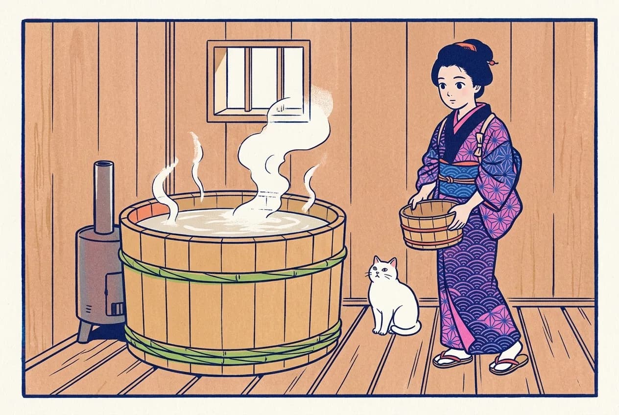 Ukiyo-e style illustration of a small Edo-period bath room with plain board walls: a round hooped wooden tub of hot water giving off white steam with a small iron firebox and chimney at its side, a fully clothed young woman carrying one wooden hand bucket toward it, and a round white cat sitting on the wooden floor