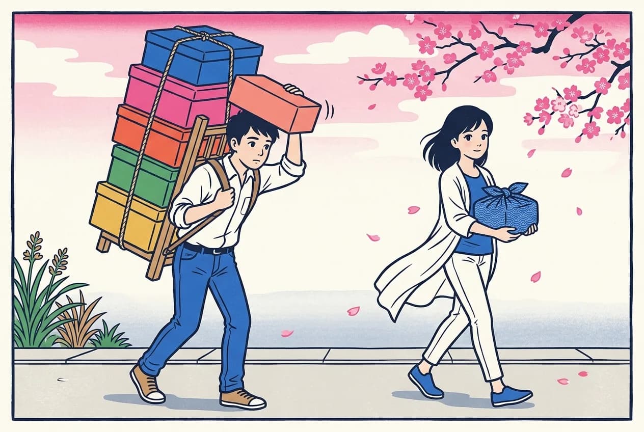 Ukiyo-e style illustration of a man carrying five stacked boxes on a back-rack while a woman beside him carries one neat furoshiki bundle