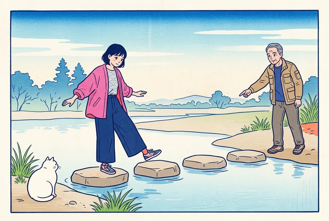 Ukiyo-e style illustration of four stepping stones across a shallow stream: a young woman resting just her toes on the next stone to test it before trusting her weight to it, an older man on the bank pointing out a different stone, and a round white cat sitting on the bank