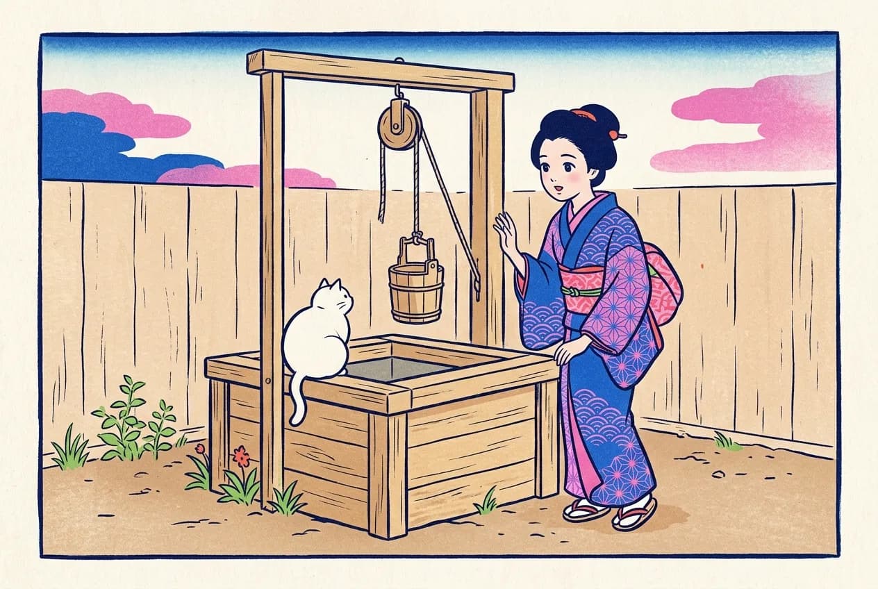 Ukiyo-e style illustration of an Edo-period backyard with a plain board fence: a young woman in a patterned kimono stands beside a square wooden well, one hand raised as she talks to a round white cat that sits on the well's frame and turns toward her, while one wooden bucket hangs on a rope from a pulley above