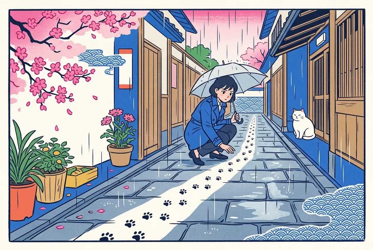 Ukiyo-e style illustration of a trench-coated detective crouching in a rainy stone alley examining a trail of wet paw prints that leads to a round white cat sitting composedly under the far eaves