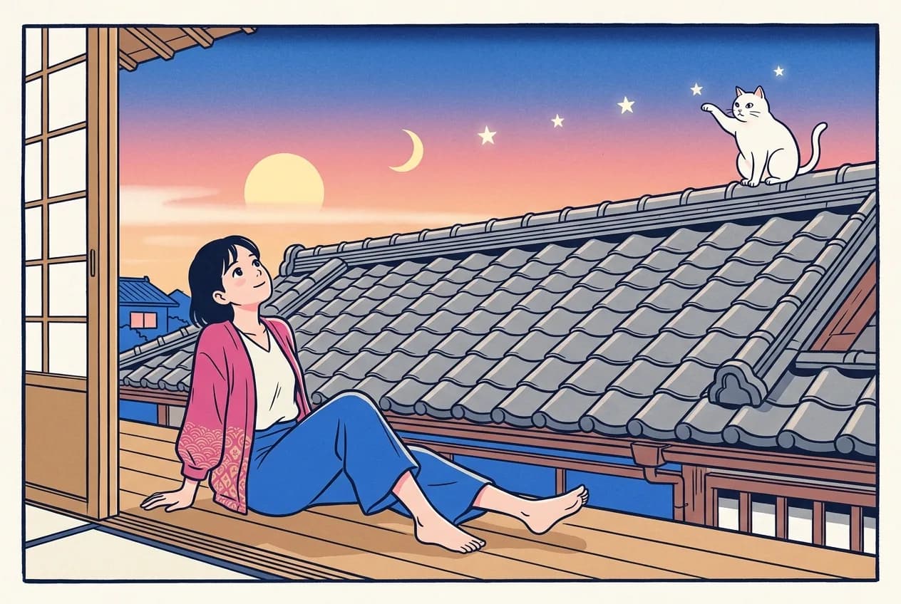 Ukiyo-e style illustration of a young woman on a veranda at dusk looking up at seven lights strung in a row across the sky above a tiled roof, while a round white cat on the roof ridge raises one paw as if counting the last of them