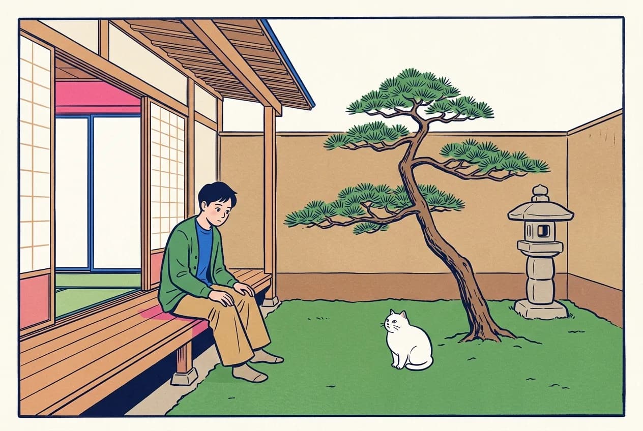 Ukiyo-e style illustration of a small townhouse courtyard garden: a young man sitting on the edge of a wooden veranda looking down at a round white cat on the moss, one bent pine tree beside the cat, and one stone lantern standing by the plain garden wall