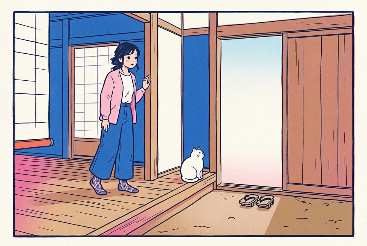 Ukiyo-e style illustration of a townhouse entrance seen from inside: a young woman standing on the raised wooden floor with one hand on the door post, speaking toward the open sliding door, a single wooden step edge between her and the earthen floor, one pair of wooden sandals by the door, and a round white cat sitting on the edge of the step