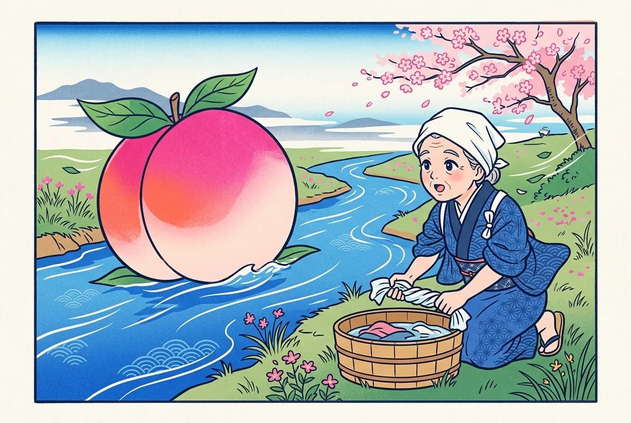 Ukiyo-e style illustration of an astonished old woman doing laundry as a giant peach floats down the river toward her