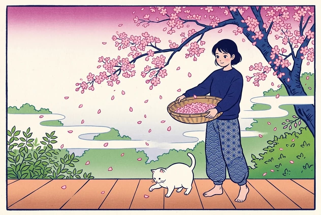 Ukiyo-e style illustration of a woman on a veranda catching falling cherry petals in a basket already half full, a white cat playing at her feet