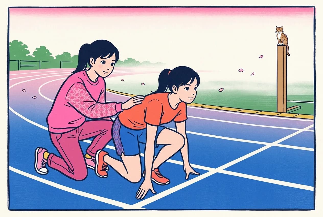 Ukiyo-e style illustration of a runner crouched at the start of a track while a friend behind rests one hand on her back, a small tabby cat sitting on the finish-line post ahead