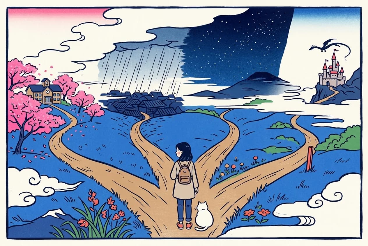 Ukiyo-e style illustration of a small traveler and a white cat seen from behind at a fork where four roads fan out toward four distinct horizons: a sakura schoolhouse, a rainy town, a starry night mountain, and a dragon-circled castle
