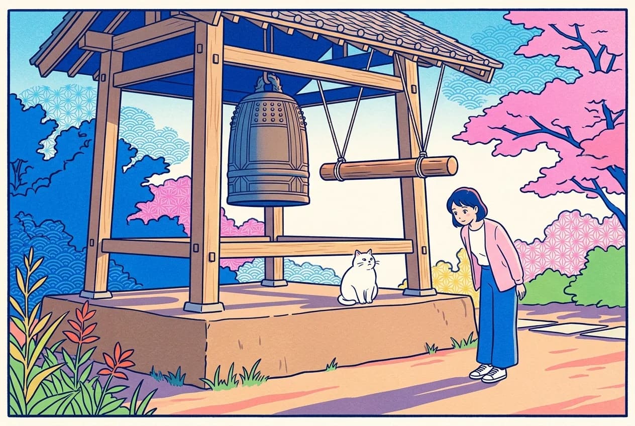 Ukiyo-e style illustration of a small wooden bell tower in low morning light: one plain bronze temple bell hanging under the roof with a single wooden striking beam suspended beside it, a young woman standing on the earth beside the tower bowing a greeting, and a round white cat sitting on the low base of the tower