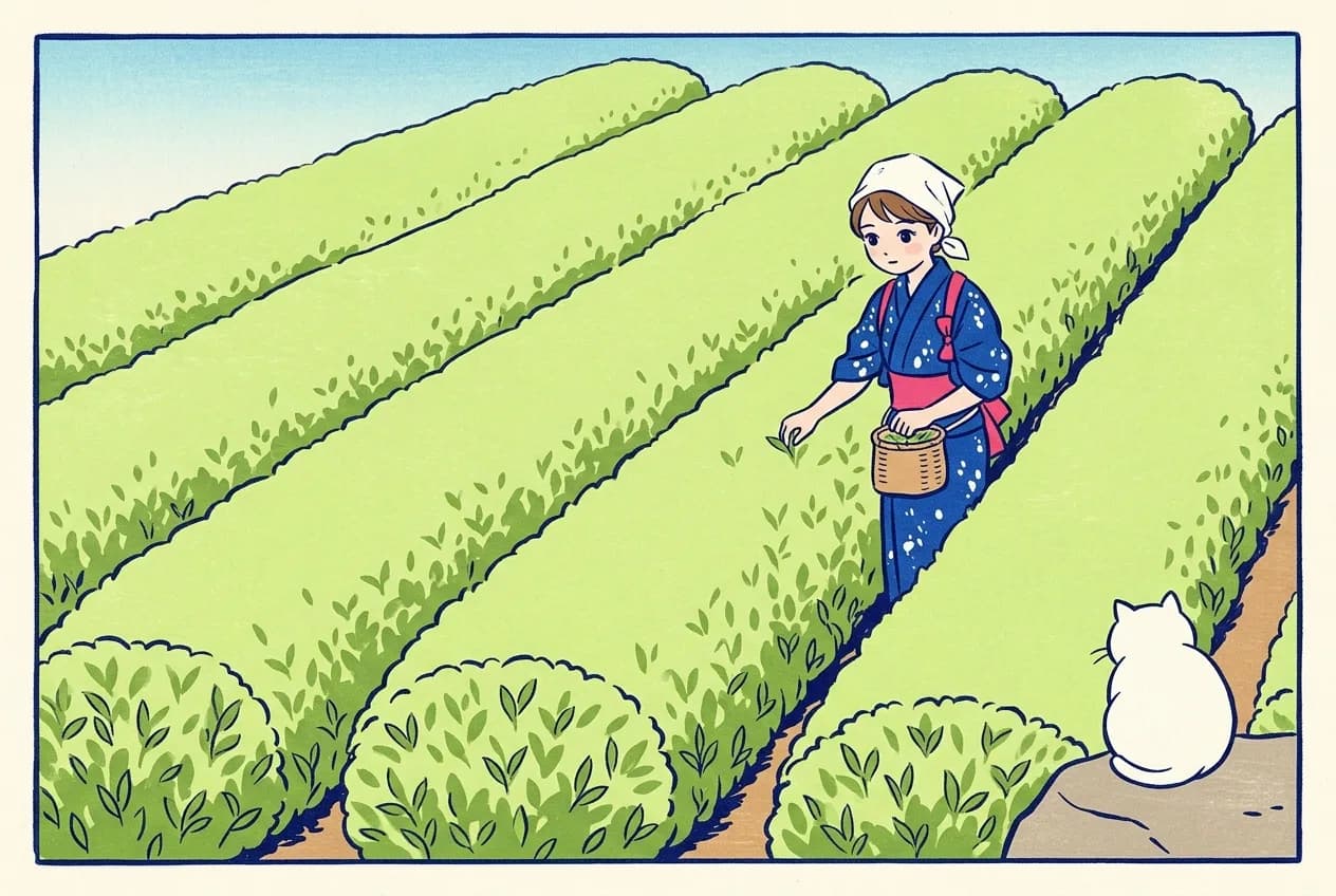 Ukiyo-e style illustration of a young woman in a blue splash-pattern work kimono with a white head towel and a red sash picking tea leaves, a small basket at her waist, between long parallel rows of tea bushes, with a round white cat sitting on a stone at the edge of the field