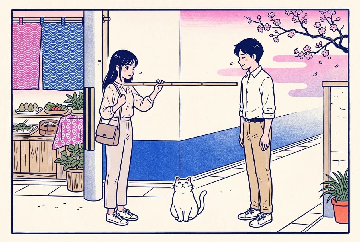 Ukiyo-e style illustration of a young woman and a young man greeting each other while she holds a plain bamboo stick between them to measure the polite distance, a white cat sitting at the midpoint