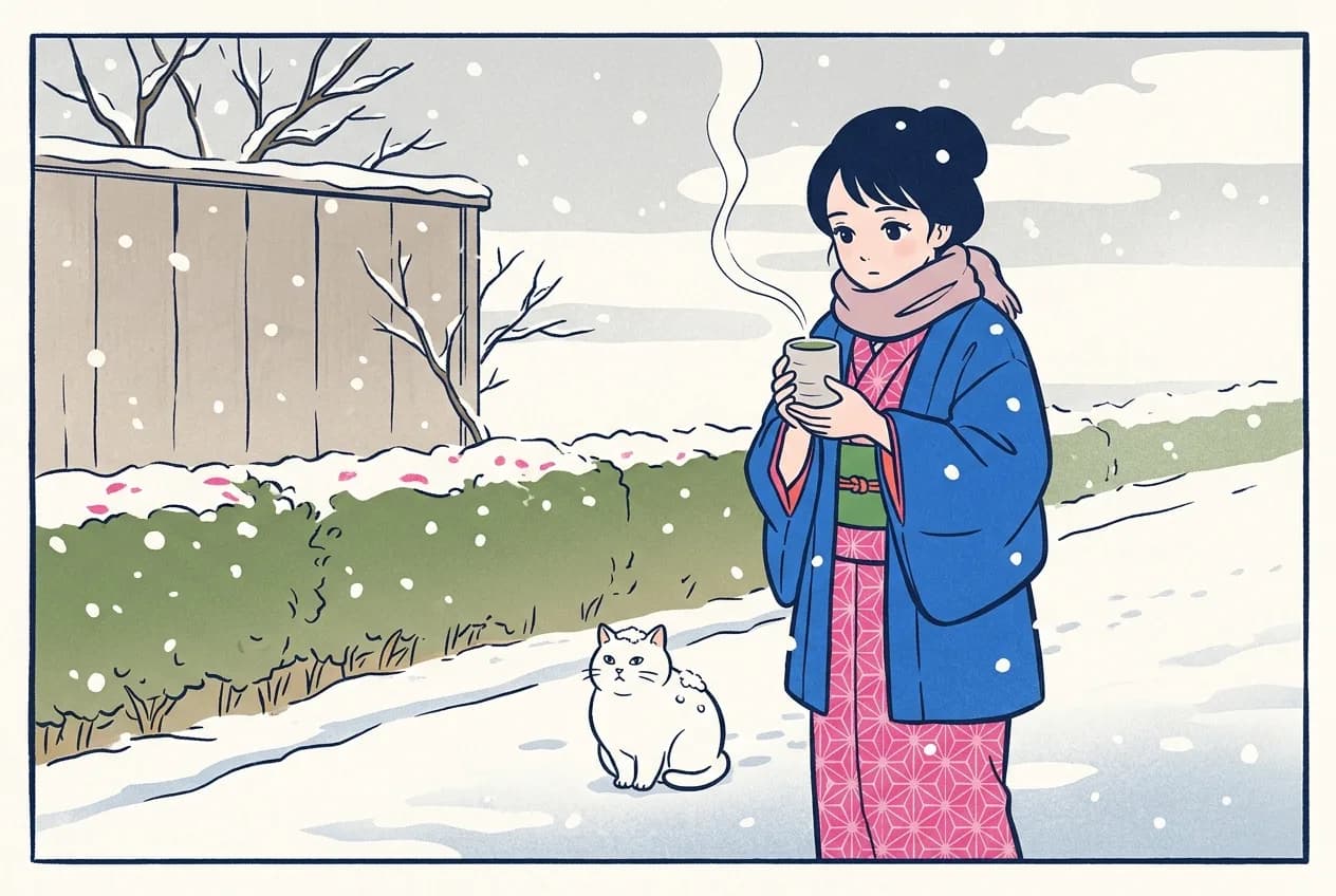 Ukiyo-e style illustration of a snowy lane in daylight: a young woman in a winter kimono, haori and scarf holding one plain handleless teacup in both hands with a thin line of white steam rising from it while snow falls, and a round white cat sitting on the snow nearby