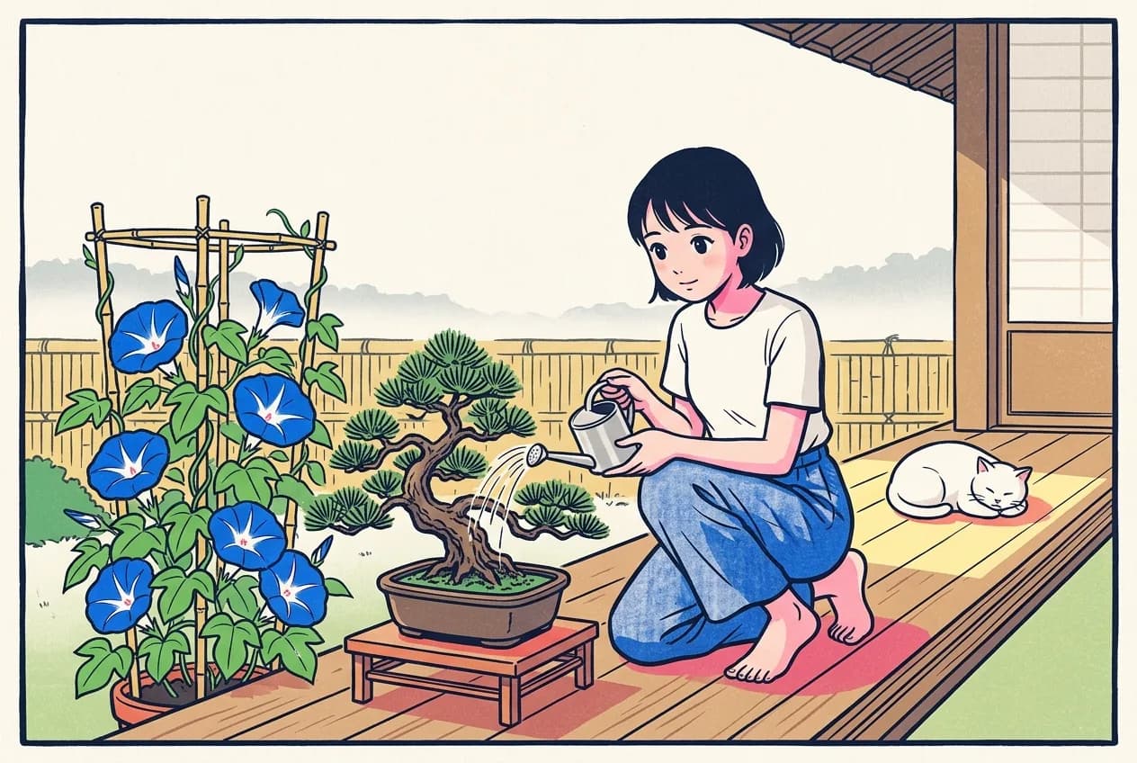 Ukiyo-e style illustration of a barefoot woman on a veranda watering a small old pine bonsai beside a bamboo trellis of blue morning glories in full bloom, a white cat asleep behind her