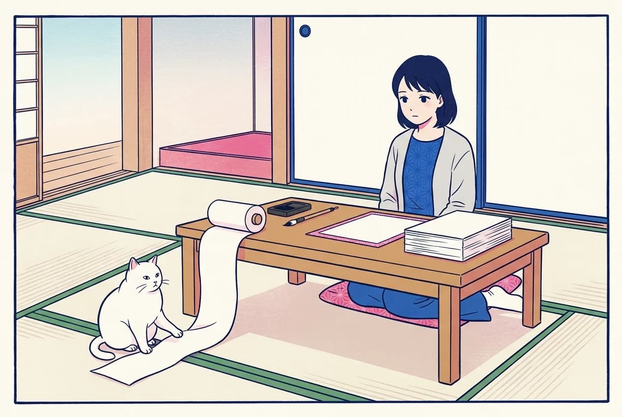 Ukiyo-e style illustration of a tatami room: a young woman seated at a low writing desk with the brush put down, looking at a neat stack of blank sheets on the right, while a long blank paper roll on the left trails off the desk, and a round white cat rests one paw on its unrolled end