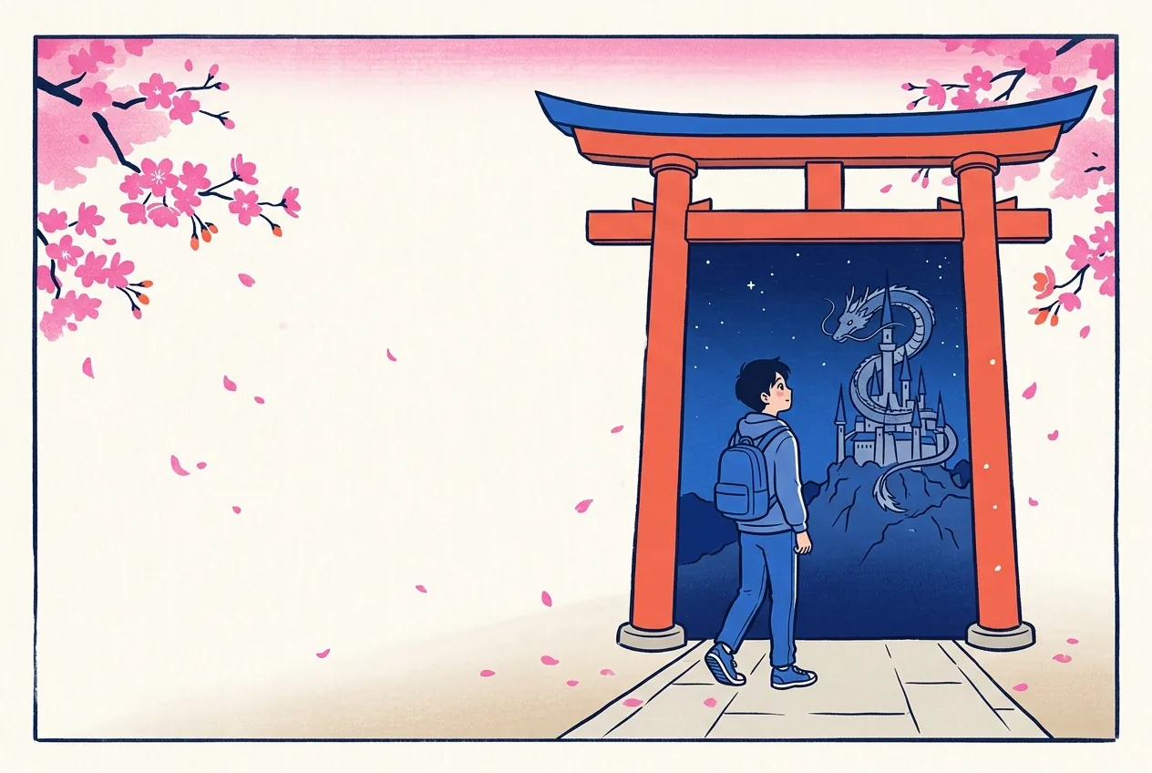 Ukiyo-e style illustration of a young man in modern clothes stepping through a vermilion torii gate on a bright petal-strewn path, the gate's opening framing a deep indigo night world with a star-filled sky and a dragon coiled around a distant castle tower