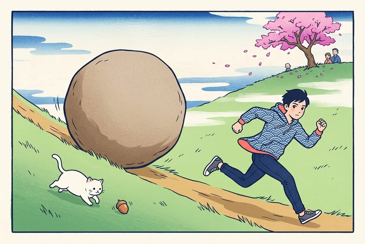 Ukiyo-e style illustration of a tiny acorn and a giant boulder rolling down a hill while a man runs ahead and a cat watches