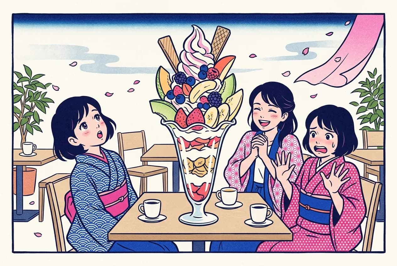 Ukiyo-e style illustration of three friends reacting to a giant parfait with awe, laughter and mock horror