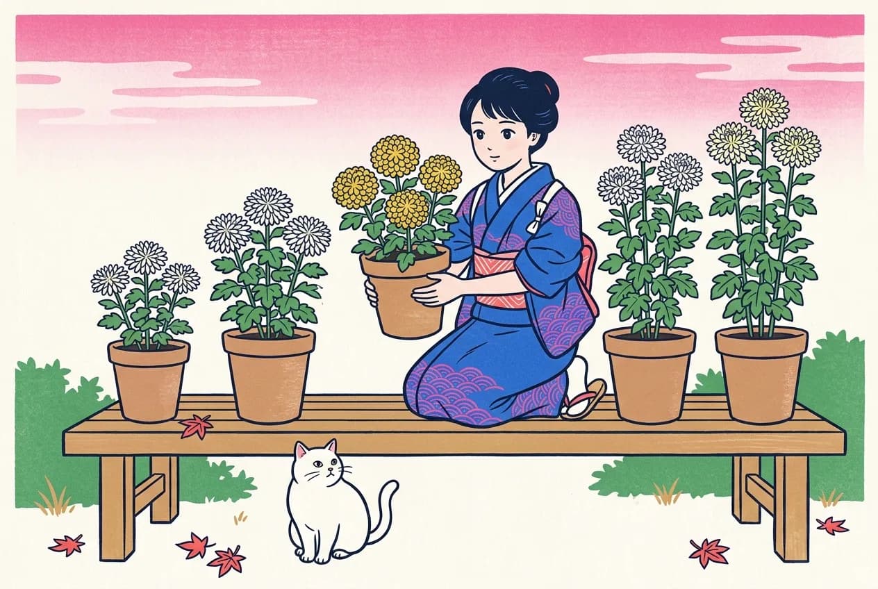 Ukiyo-e style illustration of a small autumn garden under a pink sky where a young woman in a blue patterned kimono kneels on a wooden bench of chrysanthemum pots arranged from short to tall, lifting the middle pot of yellow flowers in both hands, with red maple leaves on the ground and a round white cat sitting below the bench