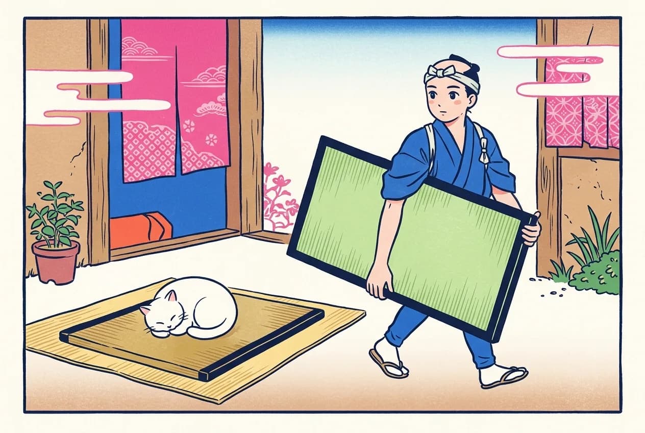 Ukiyo-e style illustration of an Edo-period front yard: a craftsman in an indigo work kimono and a headband walks past carrying one new pale-green tatami mat at his side in both hands, while in the foreground an old faded tatami mat lies on a straw mat with a round white cat curled up asleep on it, and pink curtains hang in the doorways behind them, with a potted plant on the left