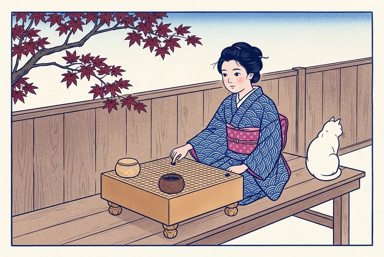 Ukiyo-e style illustration of a young woman in a blue wave-patterned kimono sitting at a go board on a wooden bench under a branch of red maple leaves, placing a black stone, with a pale lidded bowl and a dark bowl of black stones beside the board, one black stone in the far corner, and a round white cat at the end of the bench facing away