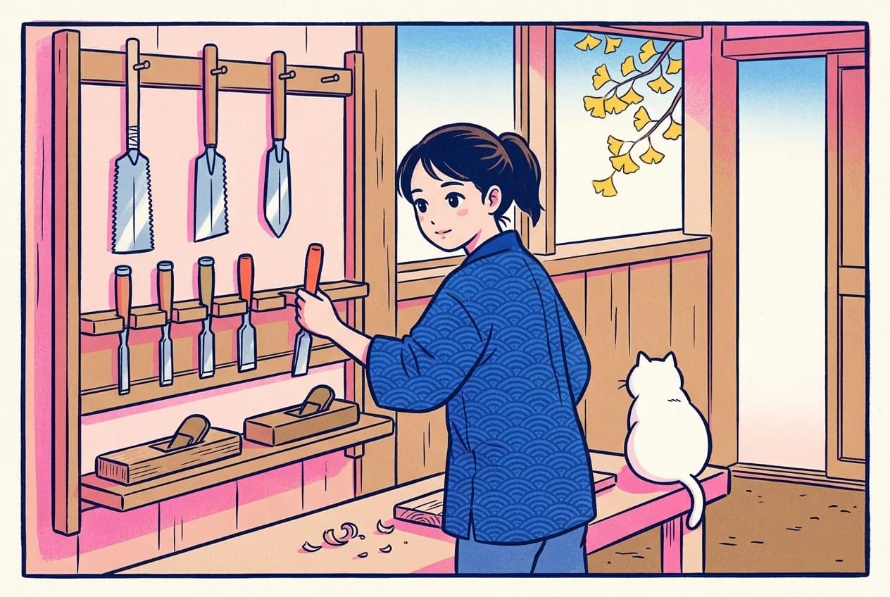 A woman in an indigo wave-pattern jacket returns a chisel to a wooden tool rack holding three saws, four chisels and two planes, while a white cat sits on the bench with its back to the rack and a ginkgo branch shows in the window.