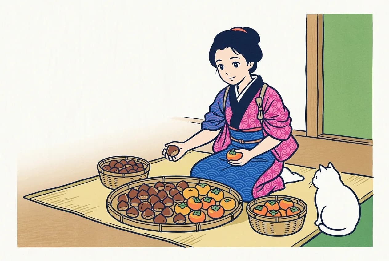 Ukiyo-e style illustration of an Edo-period tatami room with a wooden pillar and a green sliding door behind: a young woman in a pink patterned kimono with a blue wave-pattern apron and tied-back sleeves kneels on a straw mat, holding one chestnut and one persimmon over a flat bamboo tray of chestnuts and persimmons, with a small basket of chestnuts on the left and a small basket of persimmons on the right, while a round white cat sits at the front right, facing the tray
