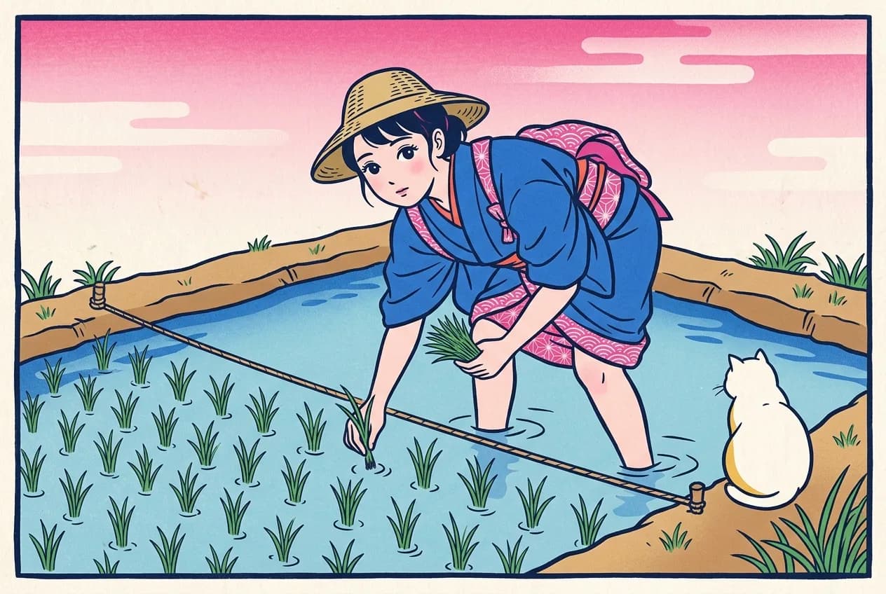 Ukiyo-e style illustration of a small flooded Edo-period rice paddy under a pink dawn sky: one straight rope runs across the water between pegs on the levees, even rows of young seedlings are planted on the near side while the far side is still open water, a young woman in a straw hat and an indigo kimono with tied-back sleeves stands in the water setting a seedling with a small bundle in her other hand, and a round white cat sits on the levee with its back to the viewer, looking toward the paddy