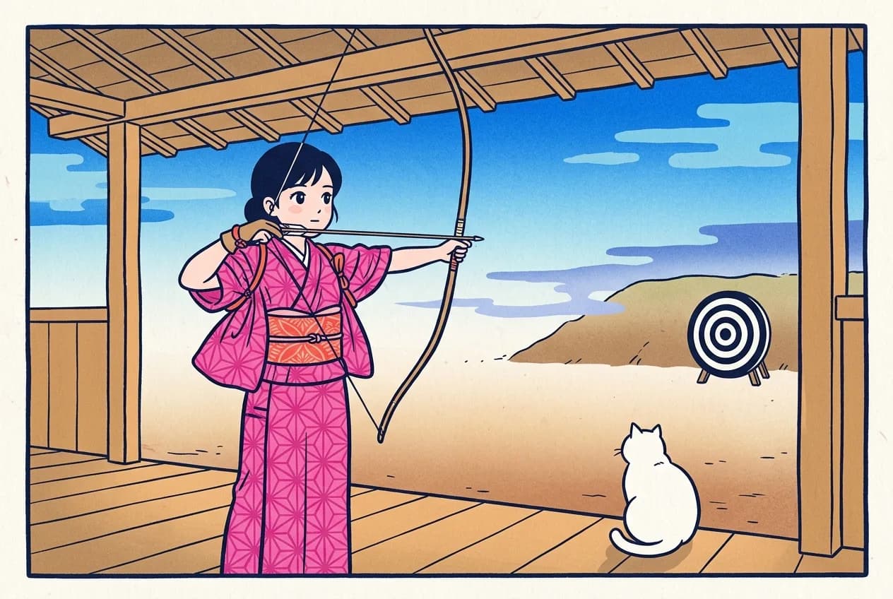 Ukiyo-e style illustration of an Edo-period outdoor archery range: under a plain wooden shelter, a young woman in a pink patterned kimono with her sleeves tied back draws a long Japanese bow with one arrow toward a single black-and-white ringed target on a stand in front of an earthen mound, while a round white cat sits on the boards with its back to the viewer, looking toward the target