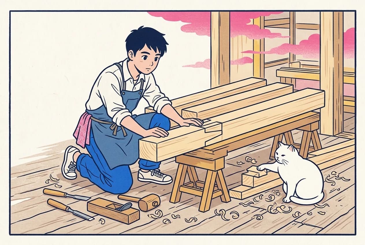 Ukiyo-e style illustration of a temple carpenter's workshop: four pale squared timbers on a low trestle, two of them fitted end to end by a single interlocking wood joint, a young man kneeling with both hands on the joint to feel the fit, and a round white cat with one paw resting on the joint