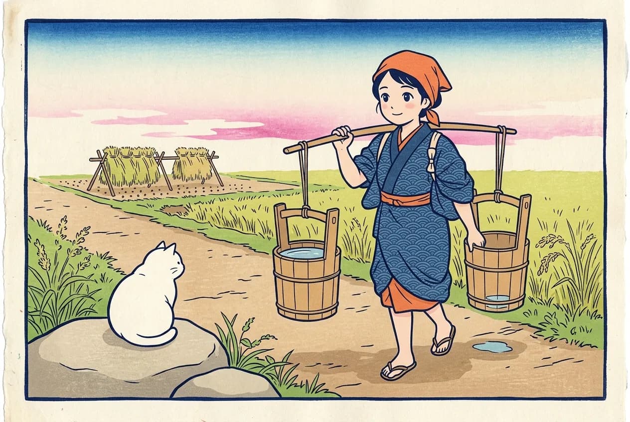 Ukiyo-e style illustration of a young woman with an orange head cloth and a blue patterned work kimono walking along a farm path past harvested fields and rice-drying racks, carrying a shoulder pole with two wooden buckets, the front one full of water and the back one nearly empty, with a small puddle on the path and a round white cat sitting on a stone watching her