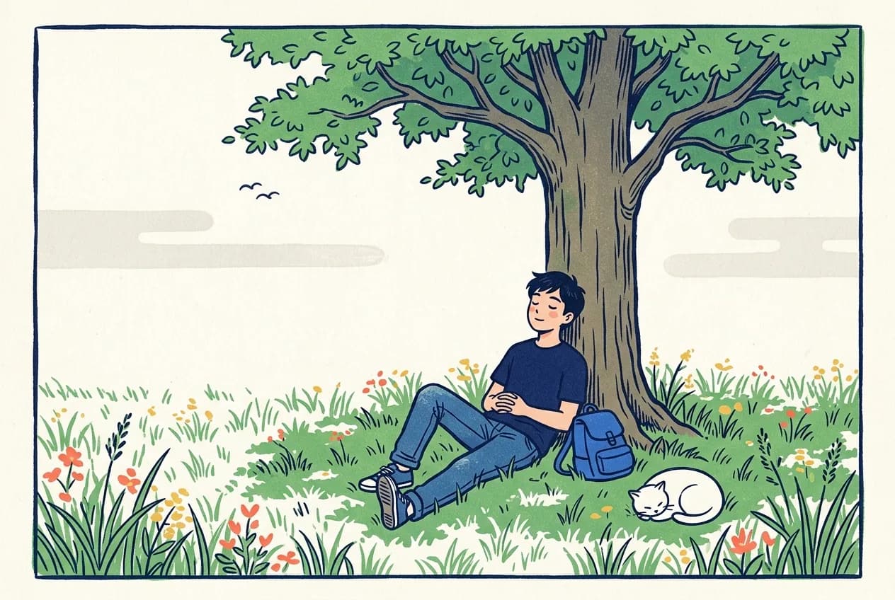 Ukiyo-e style illustration of a young man resting against a large tree in a meadow with a white cat asleep at his feet