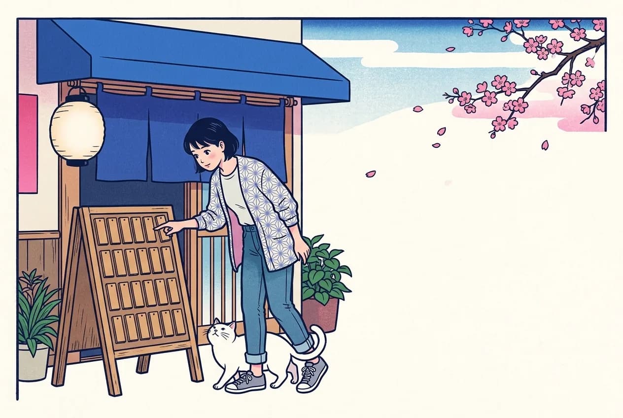 Ukiyo-e style illustration of a young woman in front of a small shop's menu board of blank wooden tags, tracing the edge of one tag with her fingertip, a round paper lantern hanging by the entrance and a white cat weaving between her feet