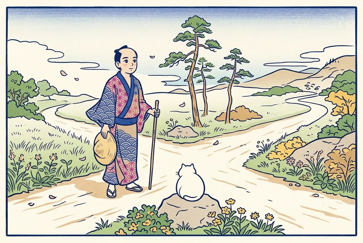 Ukiyo-e style illustration of an Edo-period traveler in a patterned kimono, holding a straw hat and a walking stick, standing where a dirt road splits three ways toward grassland, a few pines, and low hills, while a round white cat sits on a rock with its back turned, facing the roads