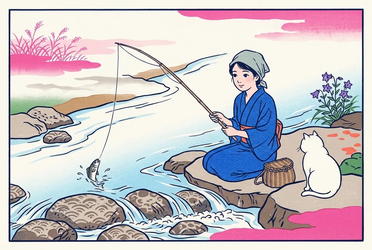 Ukiyo-e style illustration of a young woman in a blue wave-patterned kimono and a grey head cloth sitting on a flat rock beside a shallow stream, holding a bamboo fishing rod with one small fish rising from the water on the line, a woven creel beside her, a round white cat next to her and purple bellflowers on the bank behind them