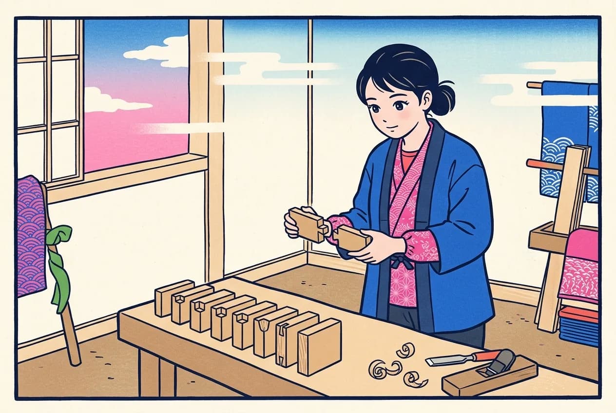 Ukiyo-e style illustration of a craftswoman fitting two interlocking wooden joints together, with more joint pieces lined up in order on the workbench