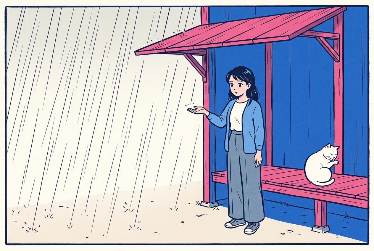Ukiyo-e style illustration of a sudden shower on a quiet street: a young woman standing dry under a short plain wooden eave and holding one hand out to feel the slanting rain, while a round white cat sits further back on the dry boards grooming itself without noticing the rain