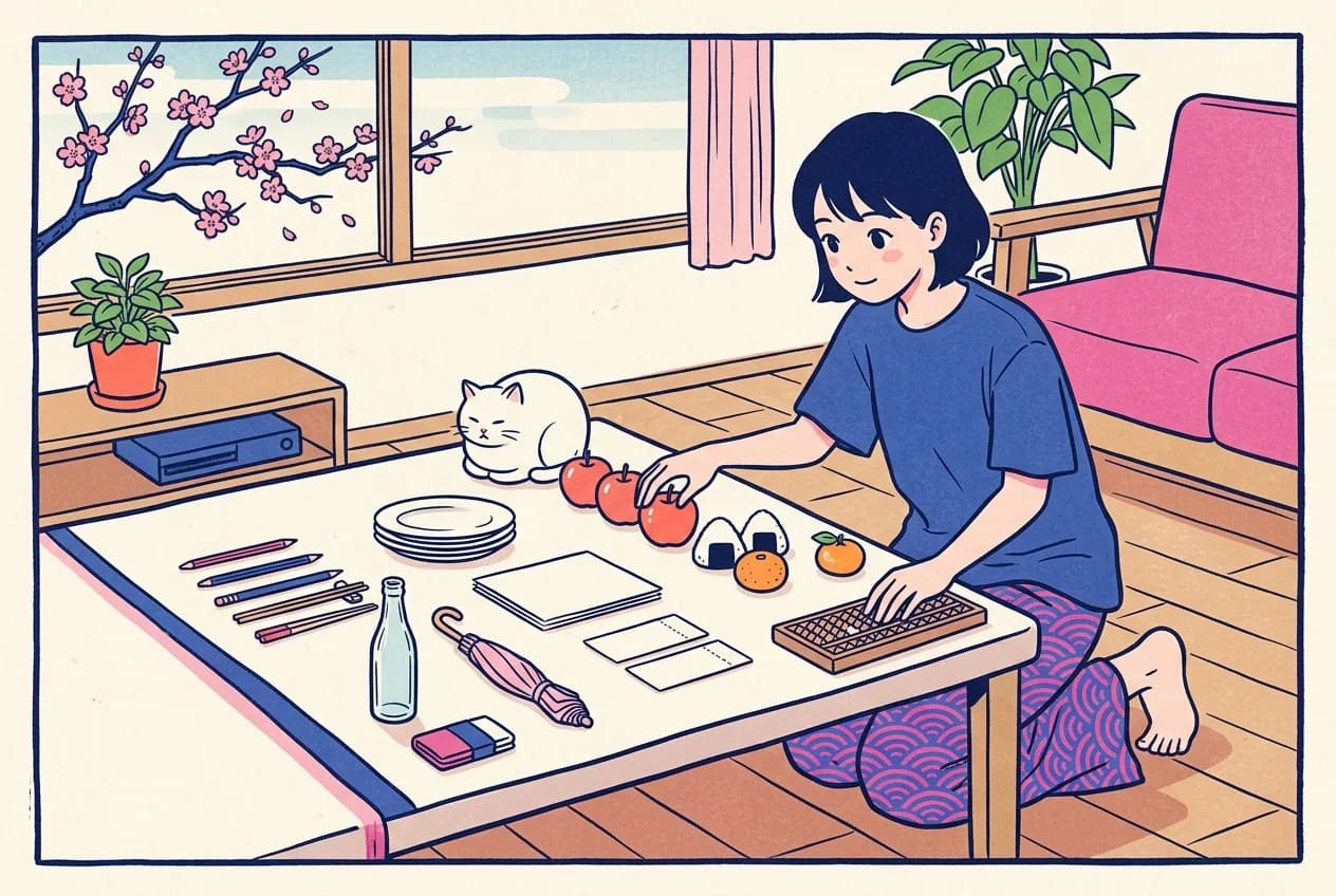 Ukiyo-e style illustration of a woman at a low table sorting pencils, plates and apples into neat rows by shape, a round white cat sitting at the end of the row of round things