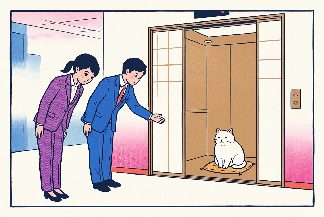 Ukiyo-e style illustration of two office workers bowing deeply to each other in front of an open elevator, each offering the other the first step, while a round white cat already sits inside waiting