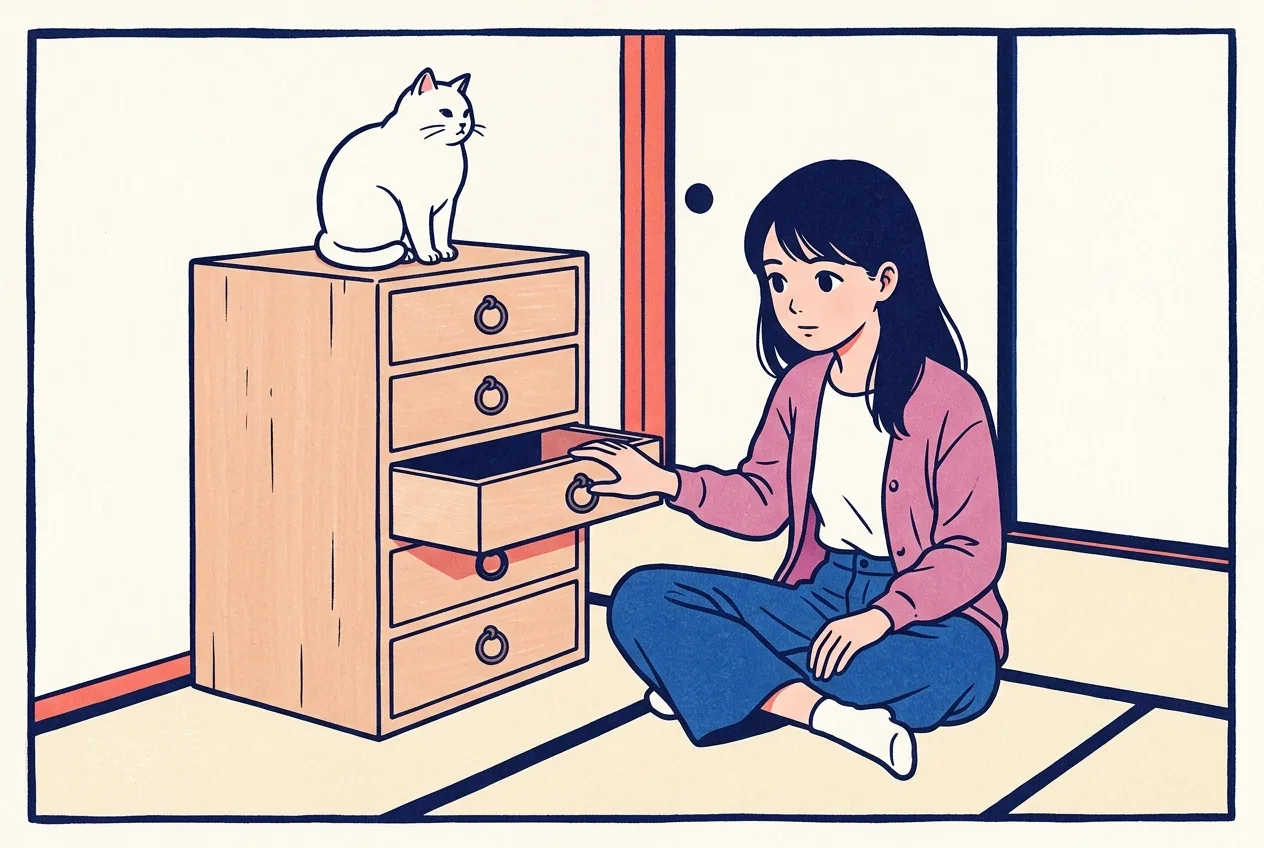 Ukiyo-e style illustration of a tatami room: a young woman seated before a small wooden chest whose five identical drawers look exactly alike, her hand resting on the one drawer that is slightly open, while a round white cat sits on the top board looking away