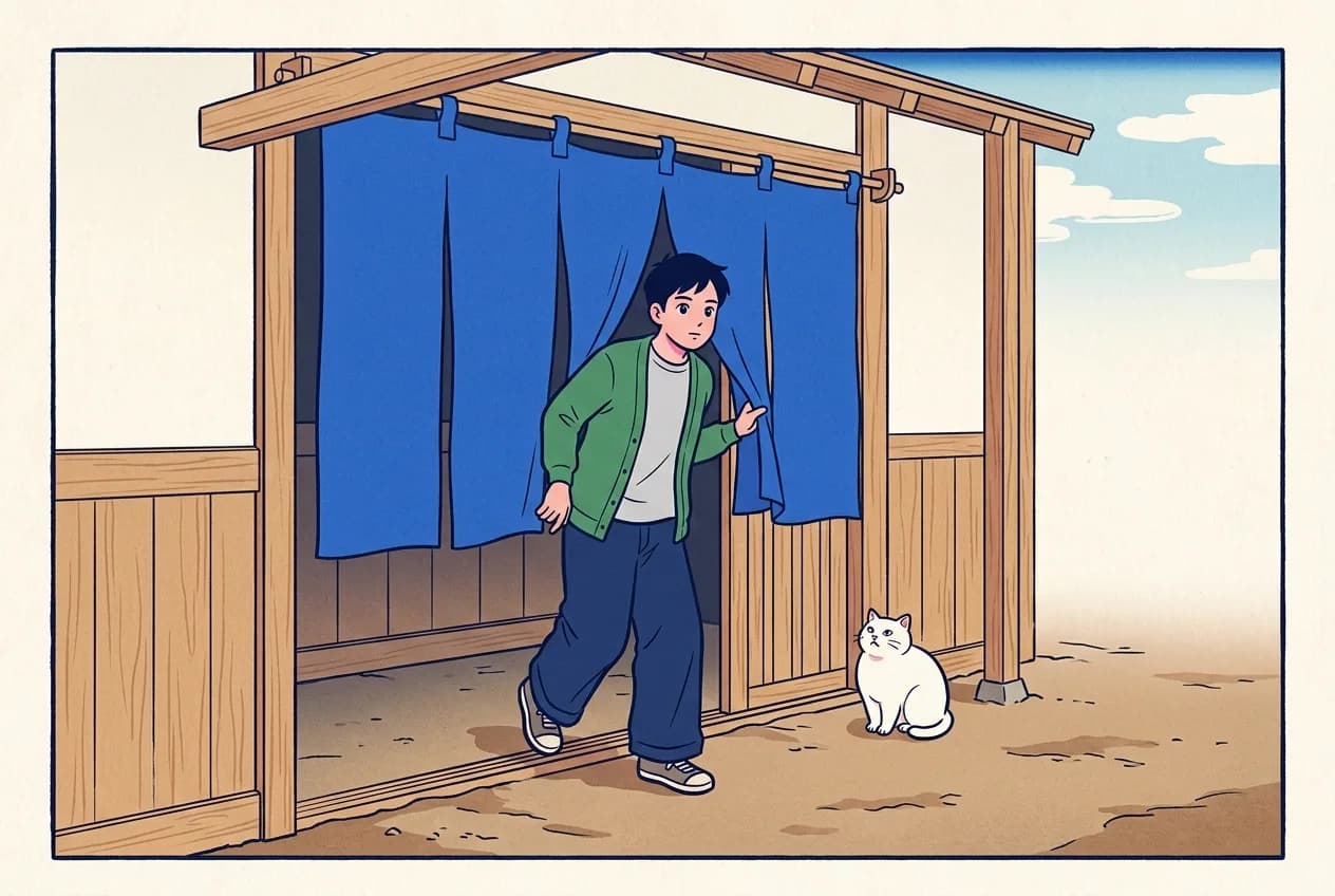 Ukiyo-e style illustration of a shop entrance seen from the street: a young man with one hand parting a plain indigo split curtain and one foot over the threshold, a dim doorway beyond, and a round white cat sitting on the earth beside the door looking out at the street