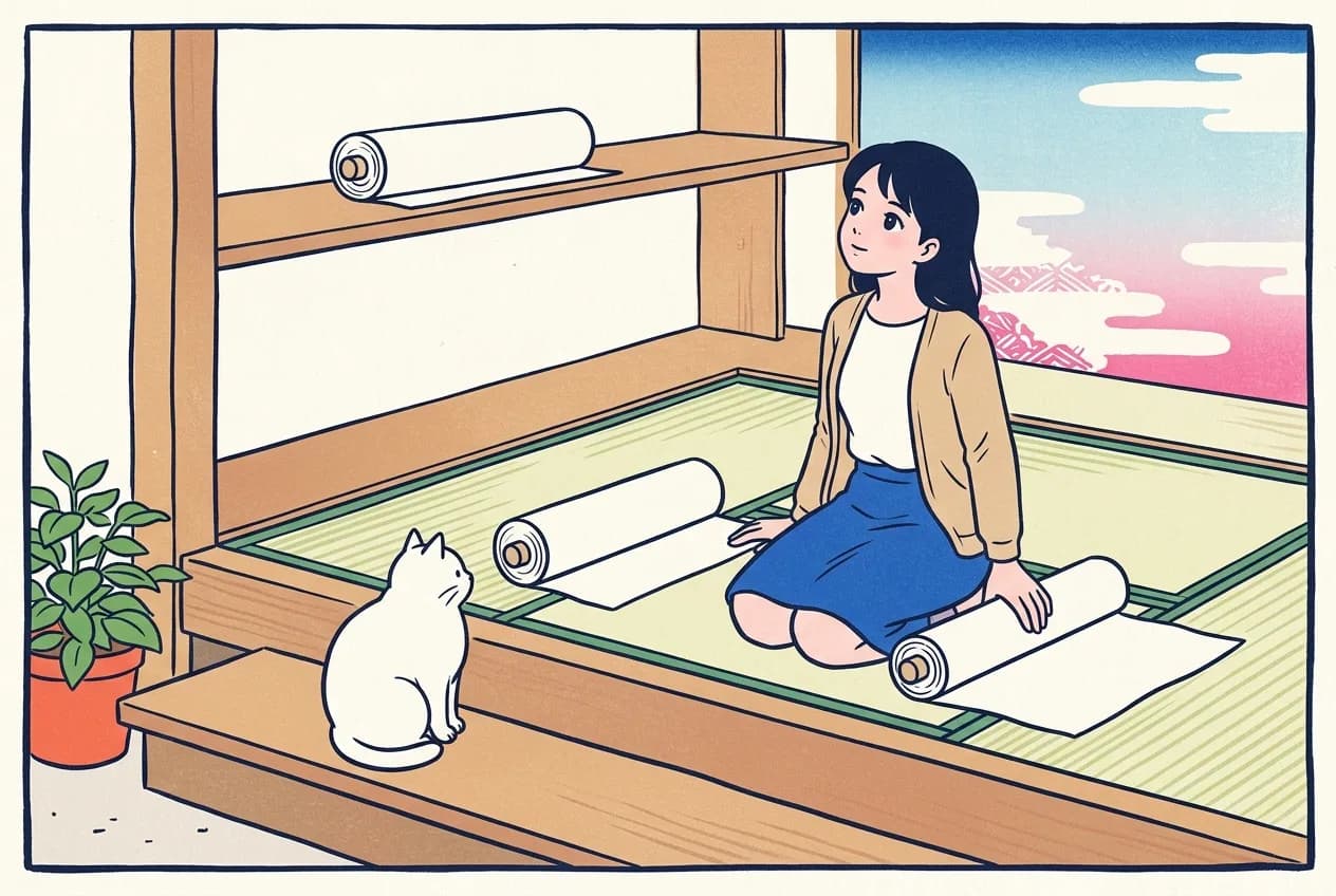 Ukiyo-e style illustration of the inside of a kimono fabric store: a young woman kneeling on tatami rests one hand on a bolt of plain cloth beside her, a second bolt lies half unrolled on the mat in front of her, a third bolt sits on a high wooden shelf at the back, and a round white cat sits on the wooden step by the entrance