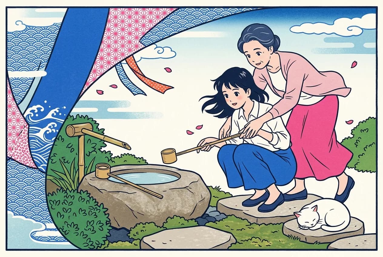 Ukiyo-e style illustration of two women at a stone water basin in a garden, the younger one holding a plain wooden ladle while the older one guides her hands from behind, a second ladle resting untouched on the rim of the basin, and a round white cat curled on a stepping stone
