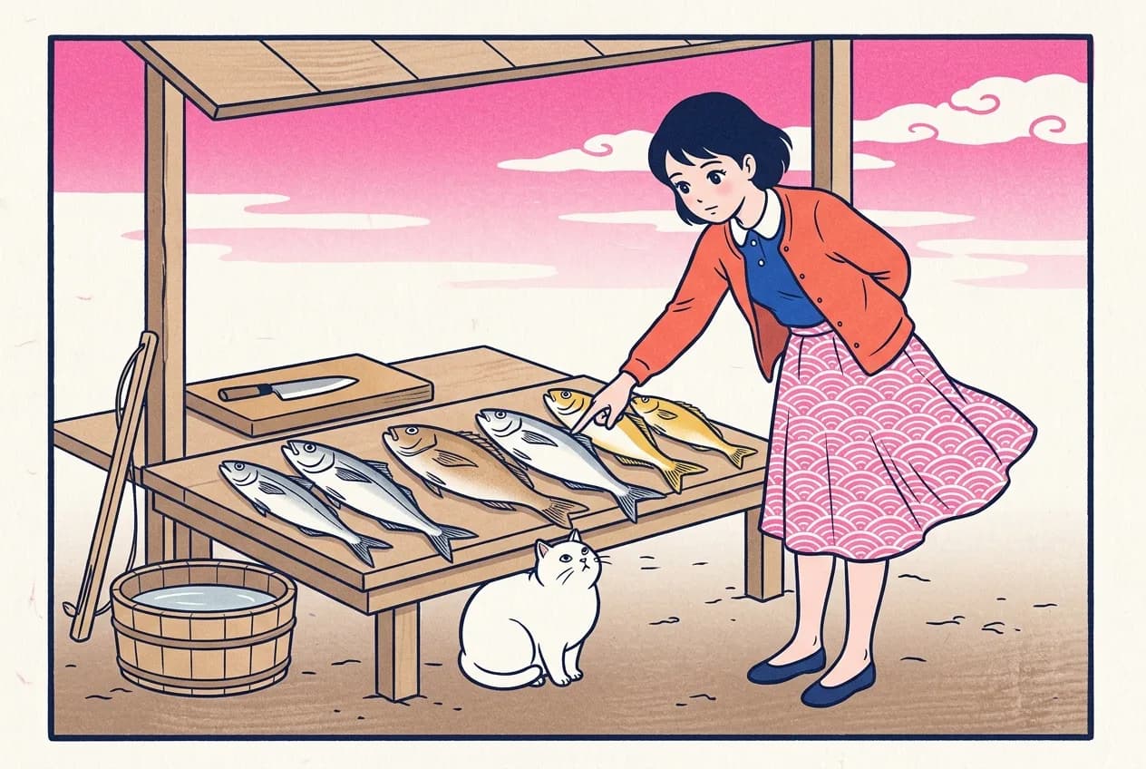 Ukiyo-e style illustration of an Edo fishmonger's stall: seven whole fish of different shapes laid in one row on a low wooden board, a young woman bending forward to point at a single fish, and a round white cat under the board looking up at the same one