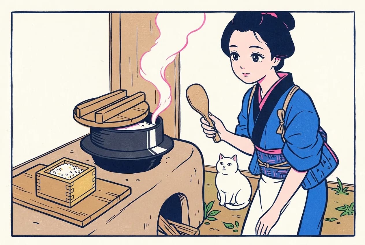 Ukiyo-e style illustration of an Edo-period kitchen with a packed-earth floor: a young woman with tied-back sleeves holding a wooden rice paddle beside a clay stove with a black iron rice pot whose lid is slightly open with steam rising, a plain wooden measuring box of dry uncooked rice on a board beside it, and a round white cat on the floor